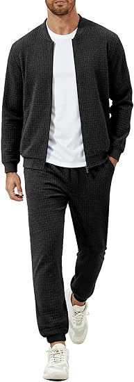 Men's Tracksuit 2 Piece Sets Casual Sweatsuit with Full Zip Athletic Jogging Suits Waffle Plaid Jacquard Outfits