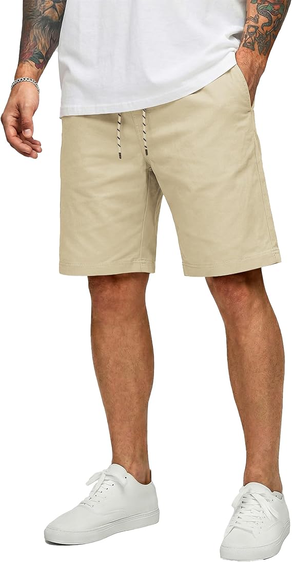 Mens Casual Shorts Cotton Drawstring 9 inch Chino Shorts Stretch Elastic Waist Summer Beach Golf Shorts