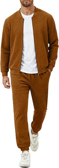Men's Tracksuit 2 Piece Sets Casual Sweatsuit with Full Zip Athletic Jogging Suits Waffle Plaid Jacquard Outfits