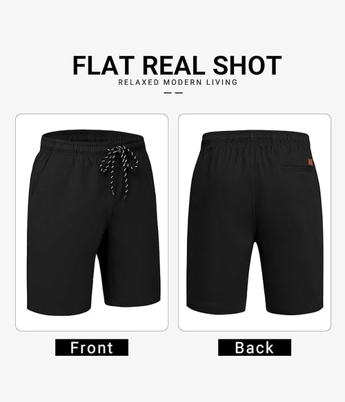 Mens Casual Shorts Cotton Drawstring 9 inch Chino Shorts Stretch Elastic Waist Summer Beach Golf Shorts