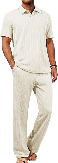 Mens Two Piece Outfits Short Sleeve Polo Shirts & Loose Pants Sets Casual Summer Textured Suits