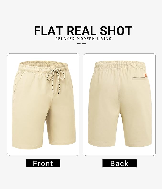 Mens Casual Shorts Cotton Drawstring 9 inch Chino Shorts Stretch Elastic Waist Summer Beach Golf Shorts