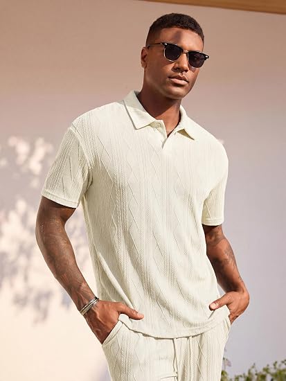 Mens Two Piece Outfits Short Sleeve Polo Shirts & Loose Pants Sets Casual Summer Textured Suits