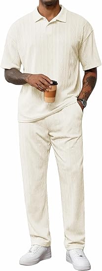 Mens Two Piece Outfits Short Sleeve Polo Shirts & Loose Pants Sets Casual Summer Textured Suits