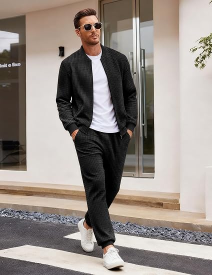 Men's Tracksuit 2 Piece Sets Casual Sweatsuit with Full Zip Athletic Jogging Suits Waffle Plaid Jacquard Outfits