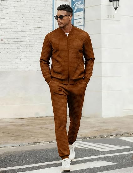 Men's Tracksuit 2 Piece Sets Casual Sweatsuit with Full Zip Athletic Jogging Suits Waffle Plaid Jacquard Outfits