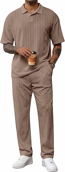 Mens Two Piece Outfits Short Sleeve Polo Shirts & Loose Pants Sets Casual Summer Textured Suits