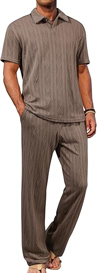 Mens Two Piece Outfits Short Sleeve Polo Shirts & Loose Pants Sets Casual Summer Textured Suits