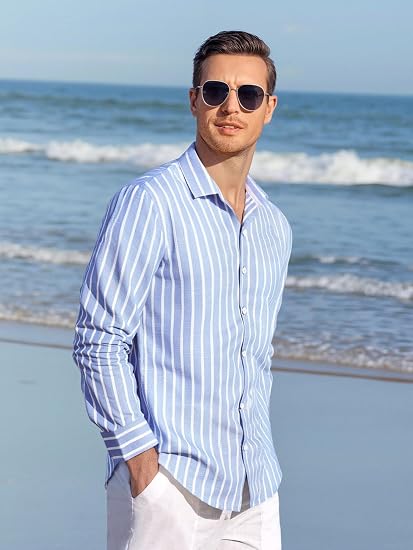 Mens Linen Long Sleeve Casual Button Down Shirt for Men Beach Wedding Shirts