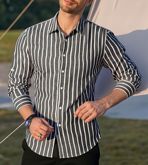 Mens Linen Long Sleeve Casual Button Down Shirt for Men Beach Wedding Shirts
