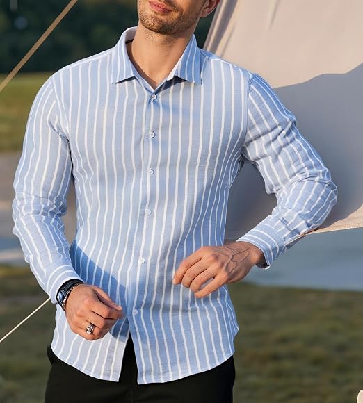 Mens Linen Long Sleeve Casual Button Down Shirt for Men Beach Wedding Shirts