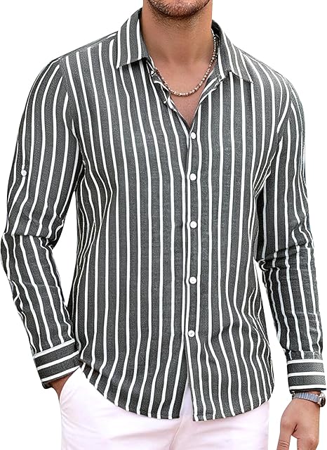 Mens Linen Long Sleeve Casual Button Down Shirt for Men Beach Wedding Shirts