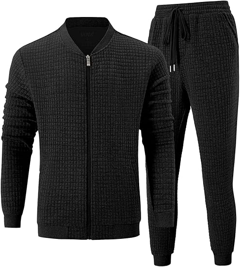 Men's Tracksuit 2 Piece Sets Casual Sweatsuit with Full Zip Athletic Jogging Suits Waffle Plaid Jacquard Outfits