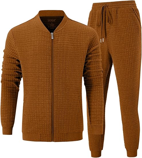 Men's Tracksuit 2 Piece Sets Casual Sweatsuit with Full Zip Athletic Jogging Suits Waffle Plaid Jacquard Outfits