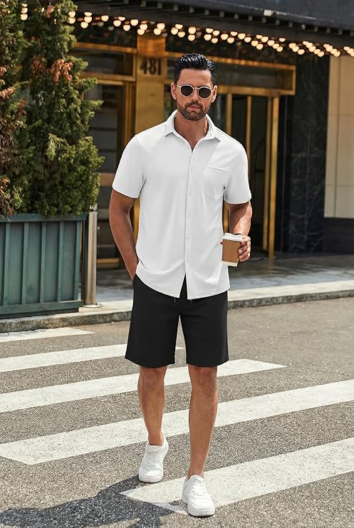 Mens Casual Shorts Cotton Drawstring 9 inch Chino Shorts Stretch Elastic Waist Summer Beach Golf Shorts
