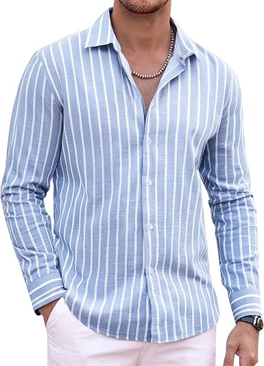 Mens Linen Long Sleeve Casual Button Down Shirt for Men Beach Wedding Shirts