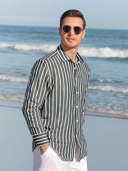 Mens Linen Long Sleeve Casual Button Down Shirt for Men Beach Wedding Shirts