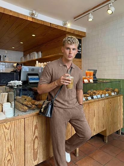 Mens Two Piece Outfits Short Sleeve Polo Shirts & Loose Pants Sets Casual Summer Textured Suits