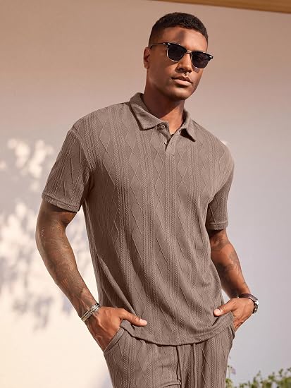 Mens Two Piece Outfits Short Sleeve Polo Shirts & Loose Pants Sets Casual Summer Textured Suits