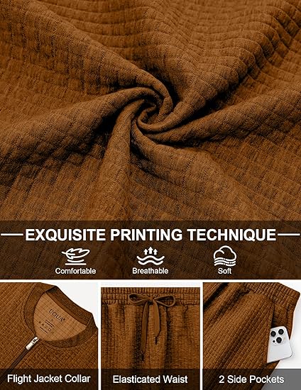 Men's Tracksuit 2 Piece Sets Casual Sweatsuit with Full Zip Athletic Jogging Suits Waffle Plaid Jacquard Outfits